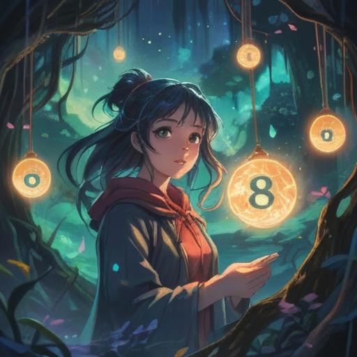 A serene and mystical illustration, ethereal colors, soft glowing light, numbers floating in the air, symbolic representations of numerology, a meditative figure pondering, surrounded by nature, tranquil atmosphere, spiritual significance of numbers, cosmic elements, 4k