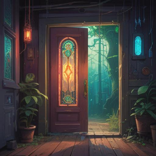 A surreal illustration of a giant door made of numbers, vibrant colors, mystical light emanating from the doorway, abstract representations of newfound insights, swirling patterns of mathematical symbols, a curious figure standing before the door, exploring the mysteries within, dreamlike atmosphere, intricate details, high resolution