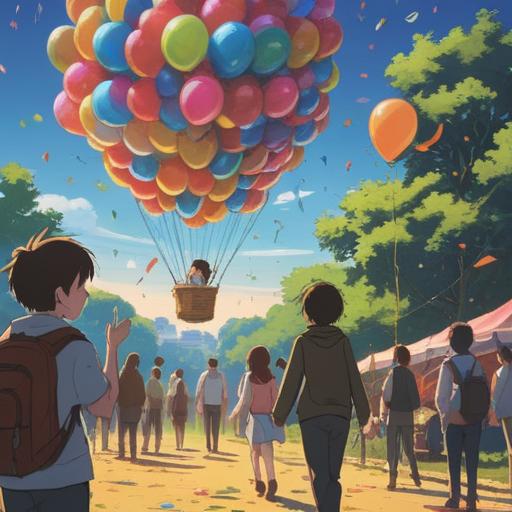 A serene moment of happiness guided by double numbers, a peaceful park setting, people celebrating joyfully, balloons and confetti in the air, soft golden light filtering through trees, expressions of delight on faces, a sense of togetherness, vibrant colors, 4k