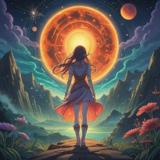 A mystical illustration depicting the spiritual significance of the number 1919, ethereal light surrounding the number, cosmic elements intertwining with celestial symbols, a serene landscape with a tranquil atmosphere, stars and galaxies in the background, vibrant colors representing energy and harmony, an aura of enlightenment and connection, 4k