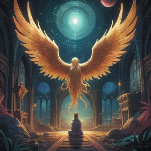 A mystical scene illustrating the spiritual significance of the number 1818, ethereal light surrounding the number, vibrant cosmic background, angelic figures guiding, symbols of intuition and awareness, soft glowing orbs representing spiritual signs, tranquil atmosphere, 4k