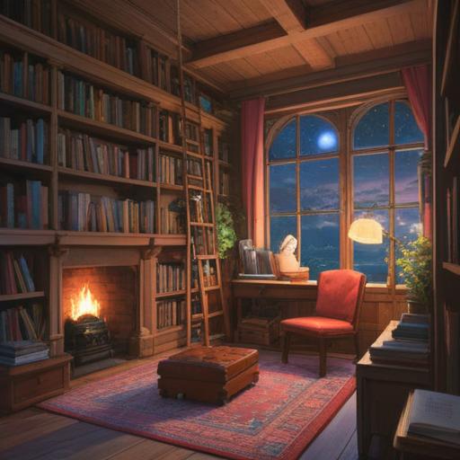 A serene scene of a cozy study room, wooden bookshelves filled with colorful books, a soft glowing lamp illuminating a stack of notebooks, a steaming cup of tea beside an open book, papers scattered around, a window showing a peaceful garden outside, inviting atmosphere, warm colors, attention to detail, 4k