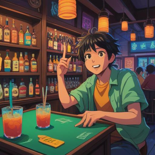 A whimsical scene of a cheerful encounter with a tipsy person, bright colors, lively expression, playful interactions, bar setting with neon lights, laughter and joy in the air, diverse characters sharing stories, warm camaraderie, festive atmosphere, 4k