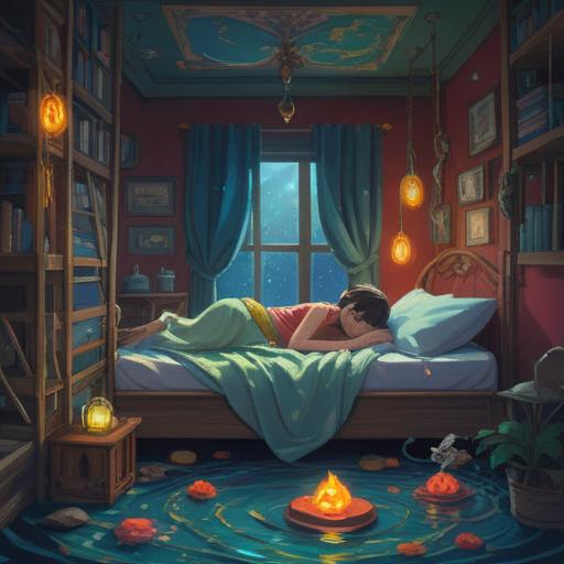 A serene scene of a person sleeping peacefully, gentle shaking represented through soft ripples in the bedding, a glowing lucky charm placed on the nightstand, moonlight filtering through the window, subtle hints of a distant earthquake, cozy bedroom setting, calming atmosphere, 4k