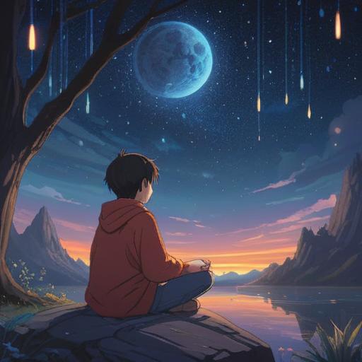 A serene and tranquil scene depicting a person meditating under a starry night sky, surrounded by glowing crystals and soft, ethereal lights, representing the enhancement of sleep quality through spiritual practices, gentle waves of energy flowing, a peaceful aura, nature elements like trees and a calm river, harmonious atmosphere, calming colors, 4k