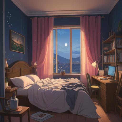 A serene scene depicting a peaceful bedroom at twilight, soft moonlight filtering through sheer curtains, a person peacefully sleeping with a gentle smile, surrounded by calming elements like plants, crystals, and sacred symbols, ethereal glow, harmonious atmosphere, tranquil energy, spiritual awakening, 4k
