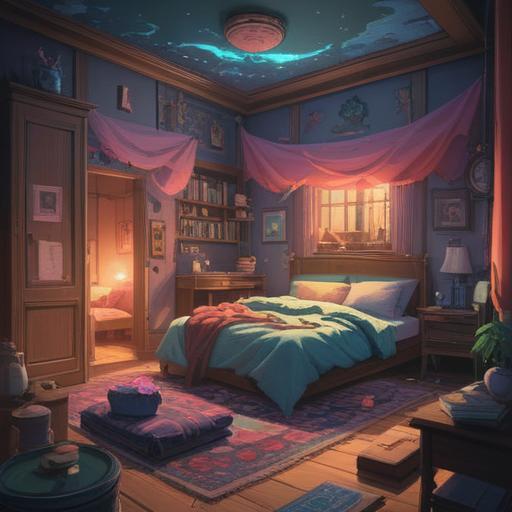 A serene and mystical illustration, dimly lit bedroom, ethereal shadows, a figure in meditation, floating dreamlike symbols, quiet ambiance, subtle aura of sleepiness, signs of fatigue and restlessness, peaceful nature elements, spiritual awareness, 4k