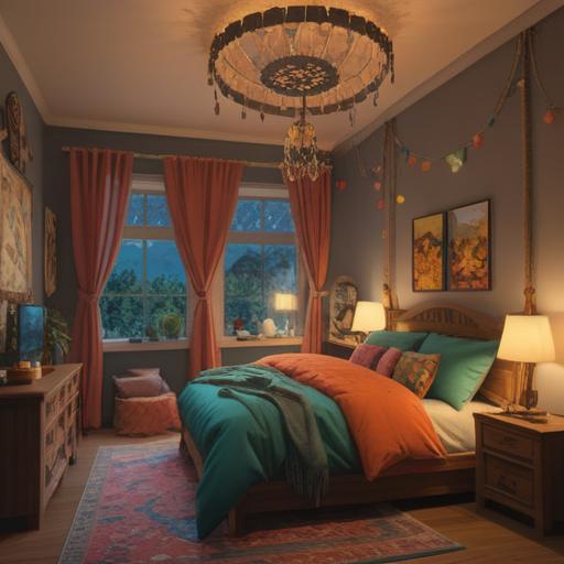 A serene bedroom scene, featuring a cozy bed with fluffy pillows, soft lighting from a bedside lamp, a soothing dream catcher hanging above, essential oils on a nightstand, peaceful ambiance, calming colors, delicate details, enhancing sleep quality, 4k