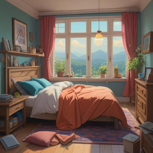 A serene bedroom scene, tranquil colors, cozy bedding, soft ambient lighting, large windows letting in gentle morning light, calming decor elements, a relaxed individual peacefully sleeping, a nightstand with a book and a cup of herbal tea, nature-inspired artwork on the walls, 4k