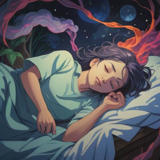 A serene and dreamlike illustration depicting a person in a restless sleep, ethereal colors, swirling shadows representing lost dreams, faint images of spirits hovering nearby, soft glows of light symbolizing energy disturbances, tranquil yet slightly unsettling atmosphere, intricate details in the bedding and surroundings, 4k