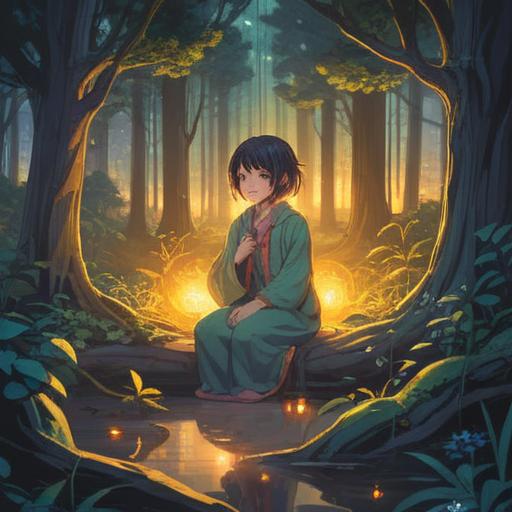 A calming illustration depicting a serene figure gently resting in a peaceful environment, soft glowing aura surrounding them, light beams filtering through trees, symbolic dreams floating above their head, representing enlightenment and spiritual growth, tranquil colors, ethereal atmosphere, 4k