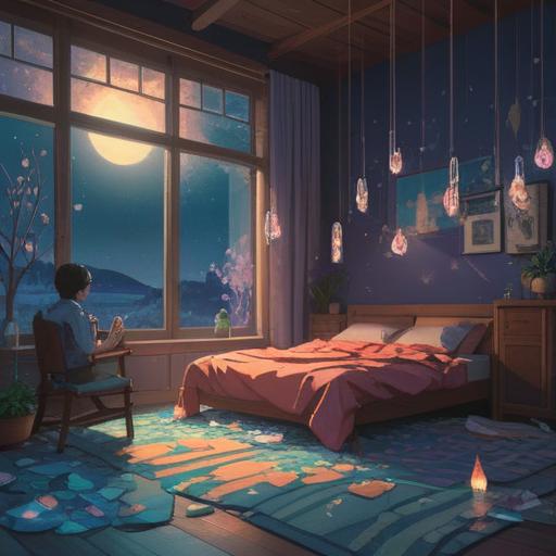 A serene and ethereal scene, a person peacefully sleeping in a moonlit room, subtle shadow play, soft glow of crystals on a bedside table, dreamlike aura, faint wisps of energy surrounding the sleeping figure, gentle reminders of spiritual signs, a window showing a starry sky, calming colors, tranquil atmosphere, symbolizing the connection between sleep and spirituality, 4k