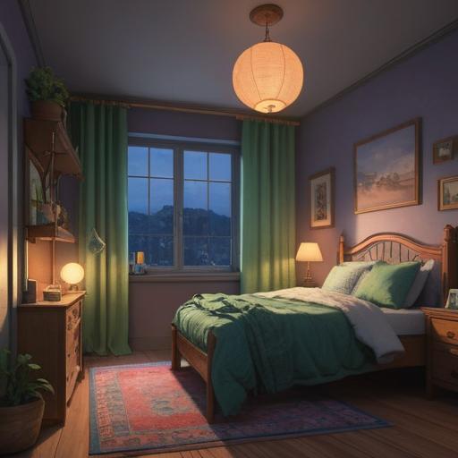 A cozy bedroom setting, moonlight filtering through thin curtains, a bedside table with a small, charming lucky charm, soft pillows and blankets, a peaceful yet restless sleeper, gentle shadows, serene atmosphere, hints of a restless night, 4k