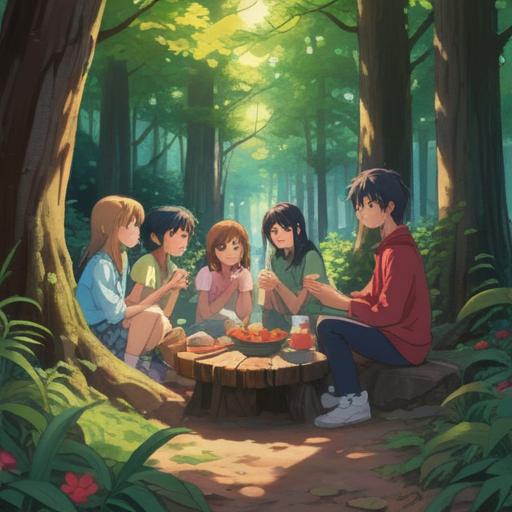 A serene landscape depicting a cozy gathering of friends, surrounded by nature, sharing stories and laughter, warm sunlight filtering through the trees, vibrant flowers in bloom, a picnic blanket spread out, feeling of unity and relaxation, 4k