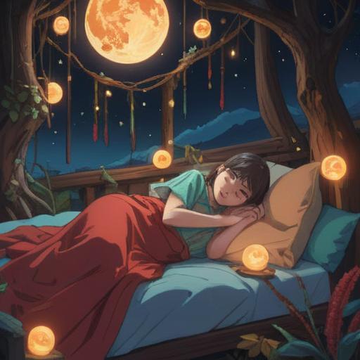 A serene night scene, a person peacefully sleeping, ethereal lights and symbols surrounding the figure, soft glowing orbs representing spiritual signs, gentle mist enveloping the room, a moonlit window casting calming shadows, tranquil atmosphere, subtle hints of mystical elements, 4k