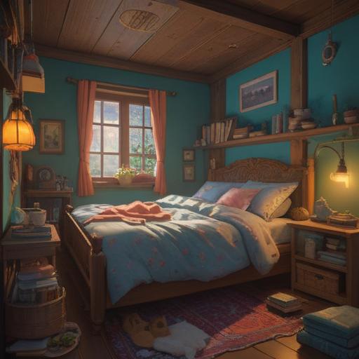 A cozy bedroom scene, a person peacefully sleeping in bed, surrounded by various lucky items like a soothing herbal tea, a gentle air humidifier, a soft sleep mask, a good luck charm hanging by the window, warm and calming colors, inviting atmosphere, whimsical details, 4k
