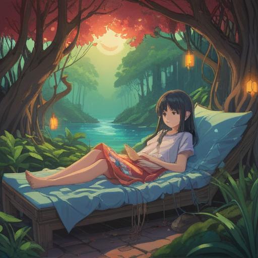 A serene illustration of a person resting in a tranquil environment, soft and peaceful colors, subtle aura of energy around them, symbolic representations of fatigue such as dark clouds, gentle waves of light indicating spiritual warning signs, a dreamlike quality, peaceful atmosphere, nature elements surrounding the figure, ethereal presence, 4k