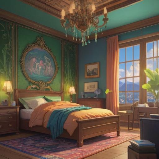 A serene and calming scene, depicting a tranquil bedroom setting, soft ambient lighting, a diffusing essential oil diffuser emitting soothing mist, lush houseplants enhancing the atmosphere, a comfortable bed adorned with gentle colors, aromatherapy bottles displaying natural ingredients, an inviting and peaceful ambiance, 4k