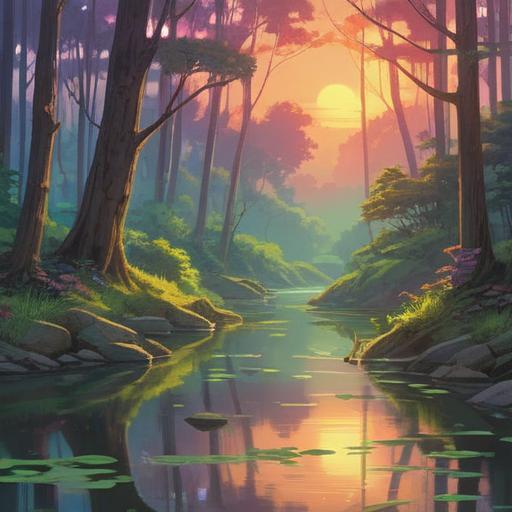 A serene landscape depicting a tranquil forest at sunrise, soft rays of light filtering through the trees, a calm river flowing gently, vibrant flowers blooming, a peaceful wooden bridge over the water, gentle breeze rustling the leaves, a feeling of rejuvenation and harmony, warm colors, 4k