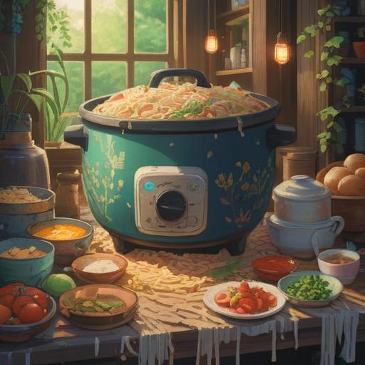 A spiritual interpretation of a broken rice cooker, symbolism of nourishment and abundance, serene environment, soft light illuminating the fragments, lush rice fields in the background, ethereal elements representing loss and renewal, calming color palette, reflective mood, 4k