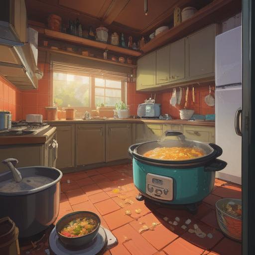 A spiritual and calming scene depicting a broken rice cooker symbolizing transformation, warm light illuminating the kitchen, soft reflections on the walls, nature-inspired elements like plants and flowers, a sense of release and new beginnings, tranquility and hope, ethereal atmosphere, harmony with the surroundings, 4k
