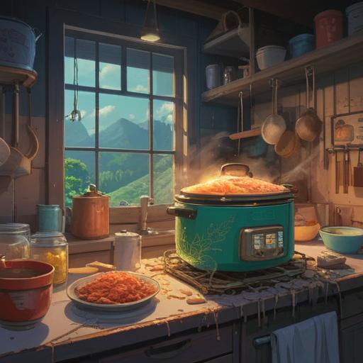 A mysterious kitchen scene, a broken rice cooker on the counter, subtle supernatural symbols floating in the air, an ethereal glow surrounding the appliance, ambient lighting casting shadows, an open cookbook with spiritual recipes, a sense of intuition and awareness, peaceful yet alert atmosphere, 4k
