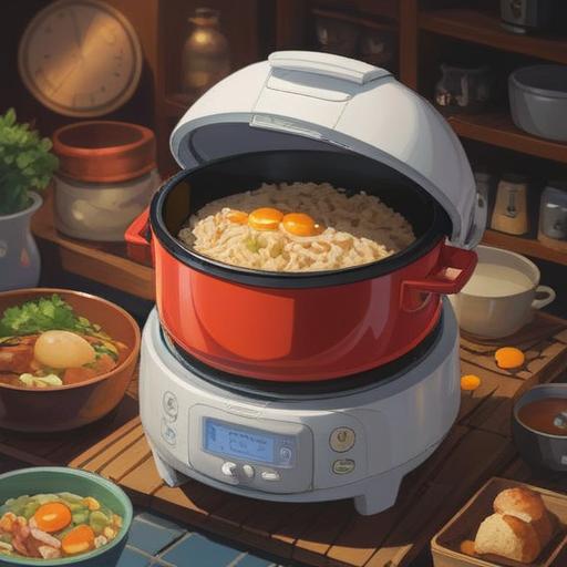 A spiritual representation of replacing a rice cooker, symbolic journey, reflection of personal growth, vibrant colors, harmonious kitchen setting, warm light, elements of transformation, embracing new beginnings, cultural significance of rice cooking, 4k