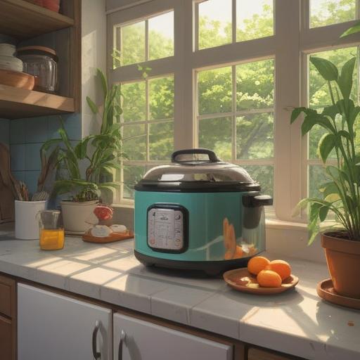 A serene kitchen scene, showing a new rice cooker on a countertop, sunlight streaming in through a window, vibrant plants in the background, a sense of calm and renewal, subtle glowing aura around the rice cooker, symbolic of spiritual awakening, inviting atmosphere, wholesome cooking vibe, 4k