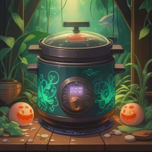 A spiritual symbol of transition, a rice cooker surrounded by glowing orbs, soft light illuminating the scene, subtle hints of nature like leaves and flowers, a calming atmosphere, a person contemplating in the background, deep connection with intuition, 4k