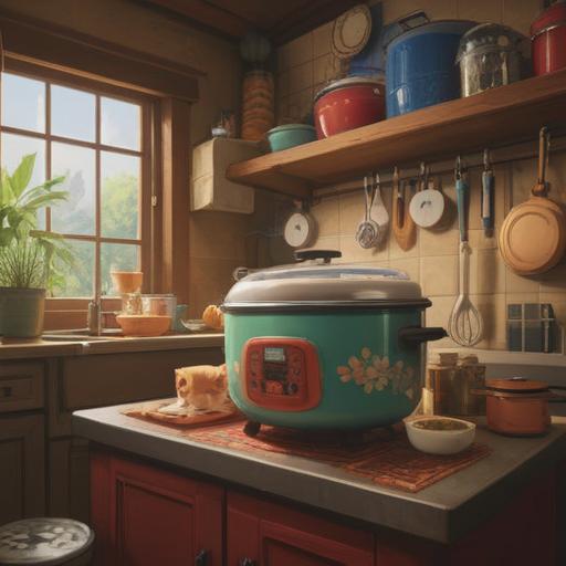 A cozy kitchen scene featuring a new rice cooker on the countertop, surrounded by lucky items such as a lucky cat figurine, red envelopes, and green plants, bright and inviting atmosphere, home-cooked rice steaming gently, soft natural light filtering through the window, a sense of freshness and renewal, detailed textures of the rice cooker, warm color palette, 4k