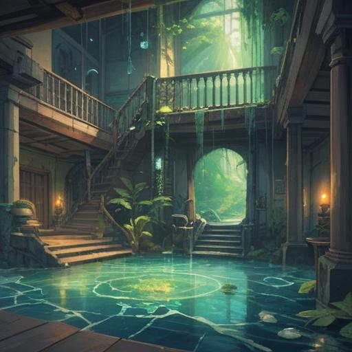 A serene illustration depicting the spiritual meaning of water leakage, gentle flowing water symbols, soft light illuminating a dampened room, reflections symbolizing emotional release, ethereal ambiance with floating orbs representing clarity, harmonious balance with nature, symbolic plants thriving in the scene, 4k