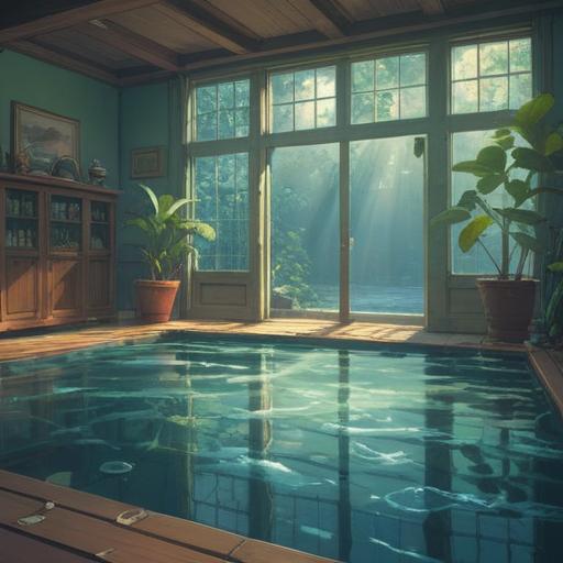 A serene and mystical scene depicting a gentle water leak in a sunlit room, soft rays illuminating the water droplets, ethereal light creating a calming aura, plants thriving near the source of water, subtle symbols of rebirth and renewal in the design, tranquil and harmonious atmosphere, soothing colors, 4k