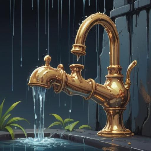 A serene and thought-provoking illustration, depicting a subtle water leak dripping from a faucet, symbolic of spiritual awareness, soft light illuminating the scene, gentle reflections on water surfaces, hints of nature surrounding the area, soothing color palette, evocative atmosphere, an aura of mindfulness and intuition, 4k