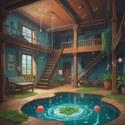 A vibrant illustration of a home with water leaking from the ceiling, surrounded by lucky symbols such as four-leaf clovers and horseshoes, a calm character looking up with a hopeful expression, droplets sparkling in the light, cozy living room setting, soothing color palette, uplifting and magical atmosphere, whimsical details, 4k