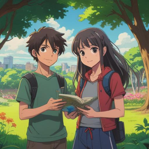 A serene landscape showcasing a beautiful gathering of people, diverse groups sharing ideas and discussing, surrounded by a lush green park setting, comfortable seating with notebooks and laptops, sunlight filtering through trees, an atmosphere of collaboration and creativity, vibrant and inviting colors, 4k