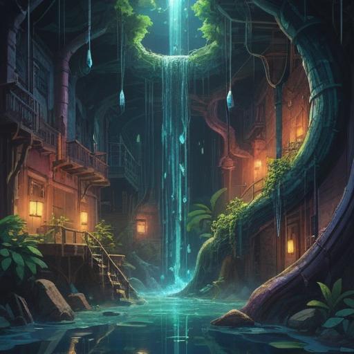 A mystical interpretation of a leaky water pipe, symbolic representation of emotional release, vibrant colors, ethereal glow, water droplets capturing light, spiritual symbolism of flow and abundance, serene atmosphere, elements of nature intertwined with the urban setting, suggestive of hidden feelings, 4k