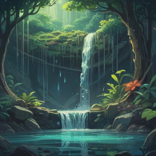 A serene scene depicting a leaky water issue symbolizing spiritual good signs, gentle water droplets cascading from a cracked pipe, lush green plants growing around the leak, harmonious atmosphere, soft light illuminating the water, mystical aura surrounding the area, representing renewal and change, 4k