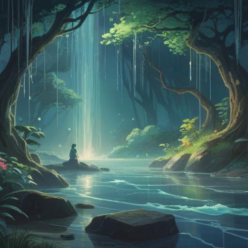 A serene scene depicting a water leak issue, ethereal symbols emerging from the water, gentle rippling waves, soft light illuminating the surrounding area, a calm person observing the signs, nature integrated with the leak, symbolic imagery representing intuition and awareness, soothing colors, 4k