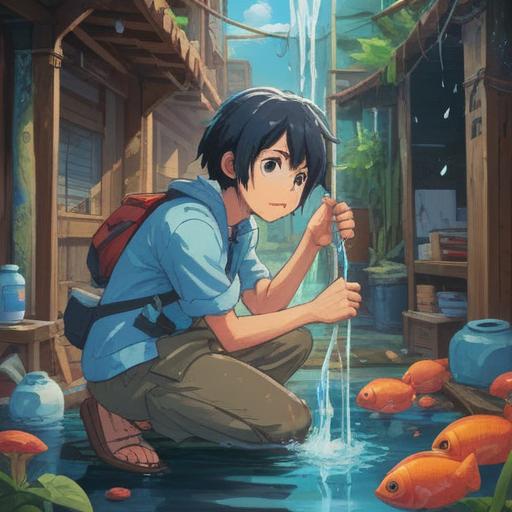 A surreal scene depicting a person joyfully fixing a water leak disaster, creative use of tools, water splashes artistically portrayed, a sense of relief and happiness, bright and vibrant colors, showing the transformation from chaos to calm, emphasizing luck and positive energy, detailed expressions, inviting atmosphere, 4k