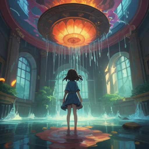 A creative interpretation of water leak troubles bringing new possibilities, a dramatic scene with water cascading through a ceiling, sunlight filtering through the droplets, reflections creating a sense of wonder, contrasting chaos and beauty, imaginative elements like plants flourishing amidst the water, a character observing the scene in awe, vibrant colors, a sense of hope and transformation, 4k