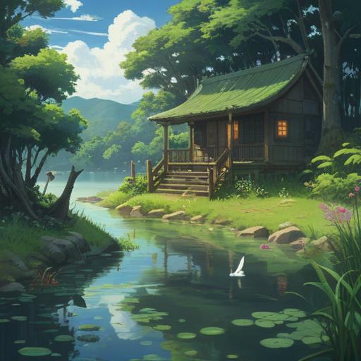 A spiritual portrayal of a serene waterside scene, reflecting deep emotions and tranquility, gentle ripples on the water surface, lush greenery surrounding the shore, ethereal light filtering through the trees, a sense of connection with nature, vibrant reflections in the water, harmonious atmosphere, deep feelings of peace and contentment, 4k