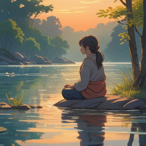 A serene lakeside scene, a person meditating by the water's edge, gentle ripples reflecting soft sunlight, ethereal glow surrounding the individual, spiritual symbols in the air, peaceful wildlife nearby, vibrant greenery, tranquil atmosphere, 4k