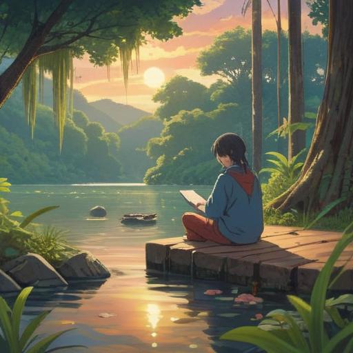 A serene lakeside scene, a person sitting peacefully by the water, surrounded by lush greenery, holding a lucky charm, sunlight reflecting on the water's surface, gentle ripples creating a calming effect, vibrant flowers nearby, sense of tranquility and connection to nature, 4k