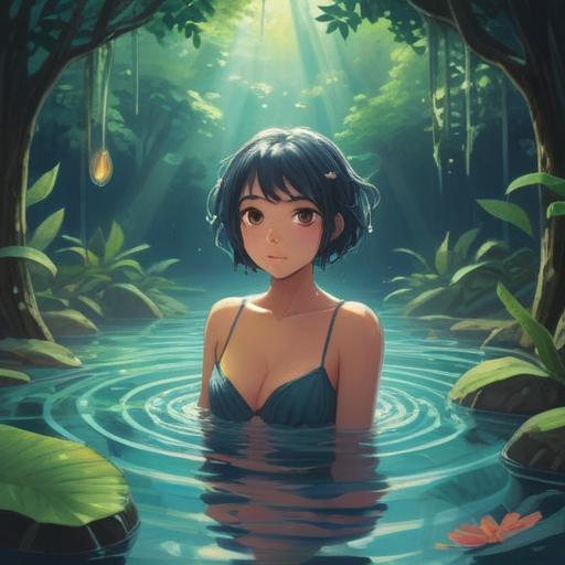 A serene and calming water bath scene, gentle ripples reflecting sunlight, surrounded by lush greenery, calming blue shades, spiritual symbols subtly integrated into the water, a sense of tranquility and rejuvenation, inviting atmosphere, harmonious balance between nature and spirituality, mindfulness and relaxation, 4k