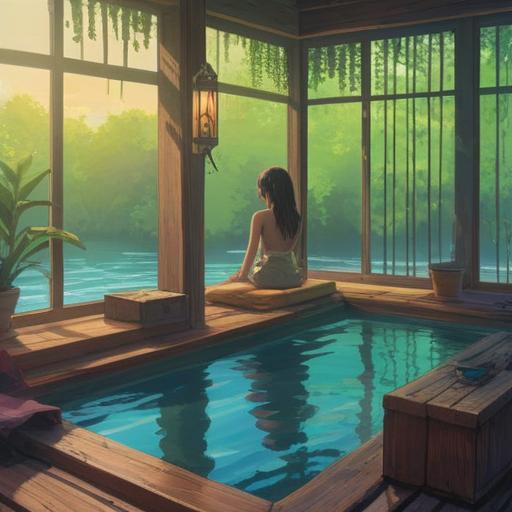 A serene indoor setting with a wooden water bath, gentle steam rising, soft ambient lighting, a person sitting peacefully in the water, surrounded by nature elements like plants and stones, reflections on the water surface, a sense of calm and renewal, spiritual symbols subtly integrated, inviting atmosphere, high detail