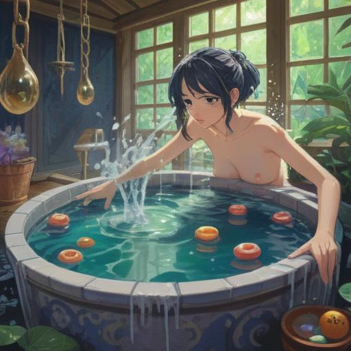 A serene illustration of a person preparing to enter a cold water bath, surrounded by ethereal symbols representing spiritual signs, gentle steam rising from the water, calming nature background with trees and flowers, a peaceful expression on the person's face, soft lighting, inviting atmosphere, 4k
