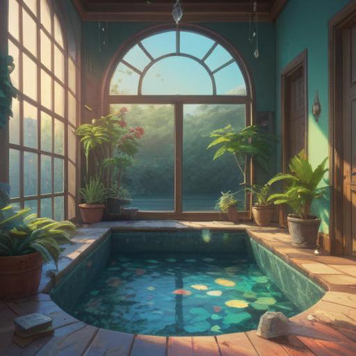 A serene indoor wellness scene, a comfortable water bath filled with crystals, aromatic oils gently swirling, soft light filtering through the window, lush green plants surrounding, peaceful meditation ambiance, calming colors and textures, subtle hints of spirituality and relaxation, 4k