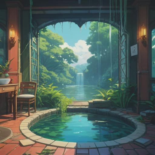 A serene and inviting water bath scene, tranquil atmosphere, soft ripples on the water surface, lush greenery surrounding the bath, gentle sunlight filtering through leaves, a person relaxing in the water, a sense of peace and harmony, vibrant flowers adding color, balance between nature and wellness, 4k