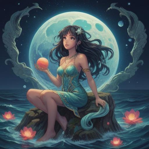 A mystical illustration of the Aquarius full moon, shimmering in a starry night sky, surrounded by ethereal energy, reflecting themes of spiritual awakening and intuition, vibrant blue and silver hues, celestial patterns, a serene landscape below, representing emotional depth and wisdom, cosmic symbolism, 4k