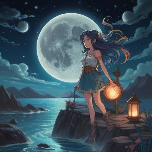 Aquarius full moon, spiritual good signs, cosmic energy, celestial symbols, night sky illuminated by moonlight, astrological elements, serene and peaceful atmosphere, zodiac representation, nature elements reflecting change, mystical vibes, 4k